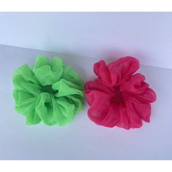 New Chiffon Scrunchie Hair Tie 2 XLarge Set Pink And Green - Picture 7 of 8
